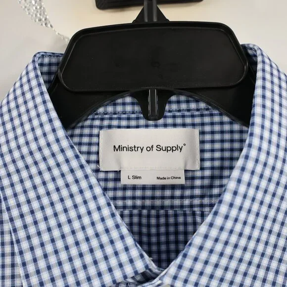 Ministry Of Supply Shirt Mens Large Blue Check Slim Fit Recycled poly Button Up - Picture 5 of 12